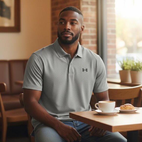 Under Armour Heat Gear Polo Shirt Mens Small Loose Fit Gray Short Sleeve - Picture 1 of 4